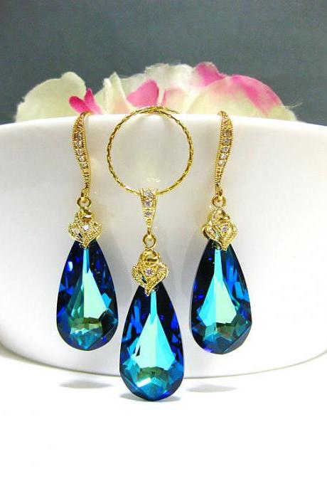 Bermuda Blue Earrings & Necklace Gift Set Swarovski Crystal Teardrop Gold Earrings Wedding Jewelry Bridesmaid Gift Bridal Jewelry