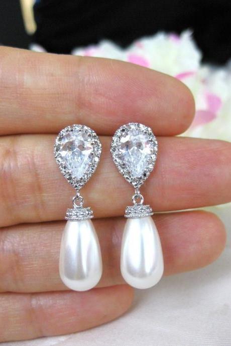 Bridal Pearl Earrings Wedding Jewelry Swarovski Teardrop Pearl Drop Dangle Earrings Cubic Zirconia Earrings Bridesmaid Gift (e070)