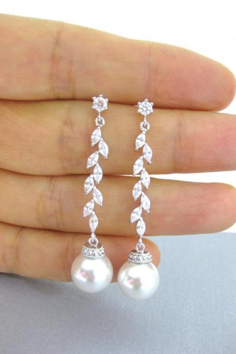 Bridal Pearl Earrings Wedding Jewelry Swarovski 10mm Pearl Earrings Long Dangle Earrings Cubic Zirconia Earrings Bridesmaid Gift (E179)