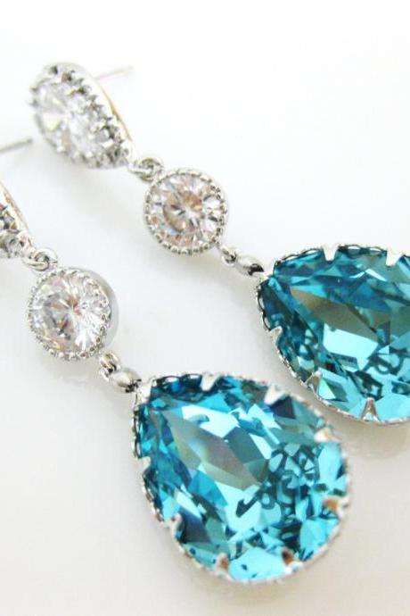Teal Blue Teardrop Earrings Bridal Crystal Earrings Wedding Jewelry Swarovski Light Turquoise Crystal Cubic Zirconia Earrings (E164)