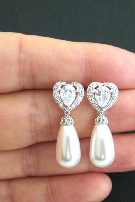 Bridal Pearl Earrings Wedding Pearl Jewelry Swarovski Teardrop Pearl Heart-Shaped Cubic Zirconia Earrings Bridesmaid Gift (E140)