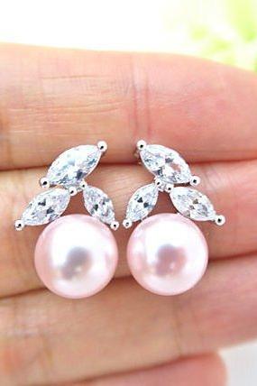 Blush Pink Pearl Earrings Wedding Jewelry Cubic Zirconia Stud Earrings Rosaline Pearl Earrings Wedding Jewelry Bridesmaids Gift (E200)