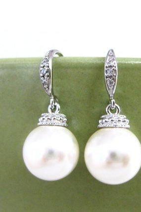 Bridal Pearl Earrings Swarovski 8mm or 10mm Round Pearl Bridesmaid Gift Flower Girl Earrings Wedding Jewelry Bridal Earrings (E030)