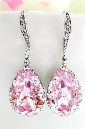 Light Pink Teardrop Earrings Bridal Crystal Earrings Swarovski Rosaline Pink Blush Pink Earrings Wedding Earrings Bridesmaids Gift (e136)