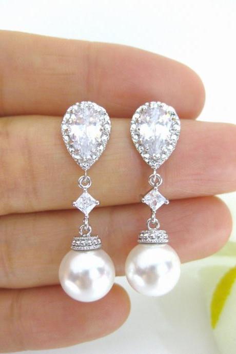 Bridal Pearl Earrings Swarovski 10mm Round Pearl Cubic Zirconia Earrings Wedding Jewelry Bridesmaids Gift Long Pearl Earrings (e138)