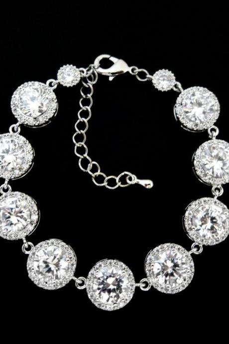 Wedding Bracelet Bridal Bracelet Crystal Clear Cubic Zirconia Bracelet CZ Round Bracelet White Gold Bracelet Wedding Jewelry (B005)