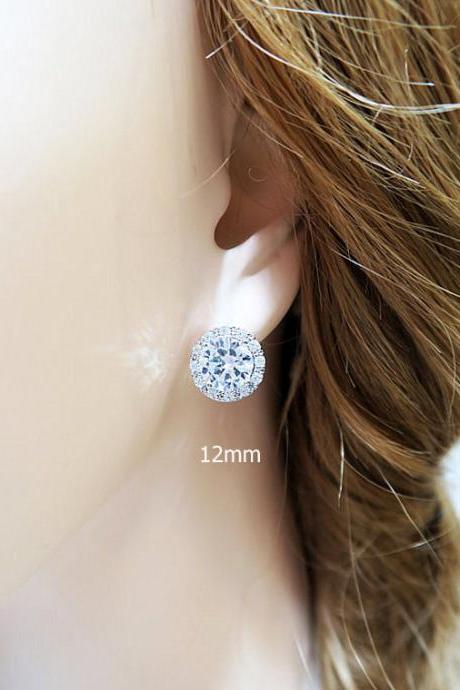 Bridal Crystal Stud Earrings Lux Cubic Zirconia 12mm Round Halo Vintage Style Button Earrings Wedding Jewelry (e218)