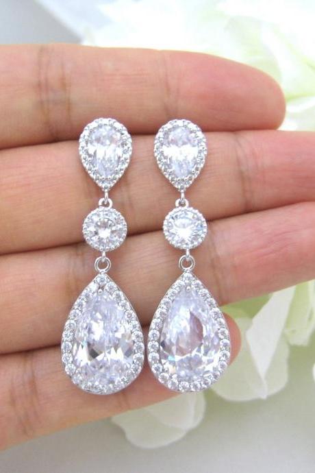 Bridal Crystal Earrings Wedding Earrings Cubic Zirconia Teardrop Earrings Bridesmaids Gift Long Bridal Earrings (E006)