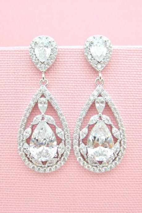 Bridal Clear Cubic Zirconia Teardrop Earrings, Wedding Jewelry Gift, Chandelier Earrings, Fancy Bridesmaid Gift, Mother Of The Bride (e207)