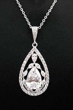 Bridal Crystal Necklace Wedding Jewelry Cubic Zirconia Teardrop Necklace Chandelier Necklace Bridesmaid Gift (N065)