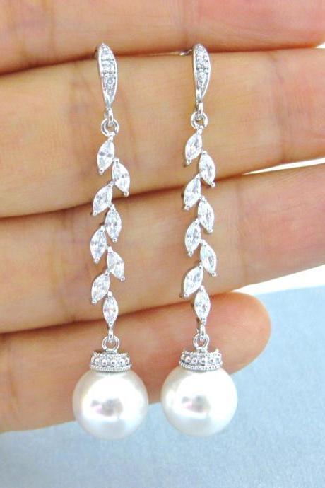 Bridal Pearl Earrings Wedding Jewelry Swarovski 10mm Round Pearl Earrings Long Dangle Earrings Bridesmaid Gift Cubic Zirconia Earring (e179)