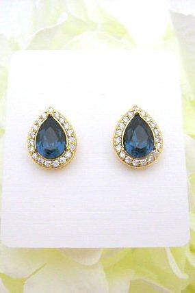 Swarovski Montana Blue Teardrop Stud Earrings Navy Blue Crystal Earrings Bridesmaids Gift Cubic Zirconia Earrings Wedding Jewelry (E303)