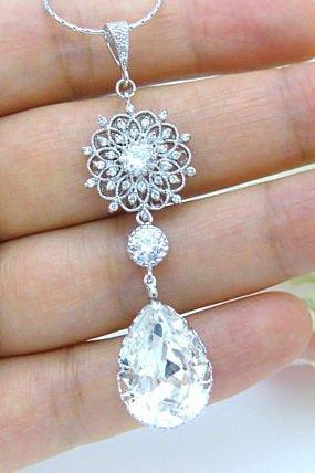 Bridal Crystal Necklace Swarovski Crystal Teardrops Necklace Wedding Necklace Chandelier Necklace Floral Necklace Vintage Necklace (N045)