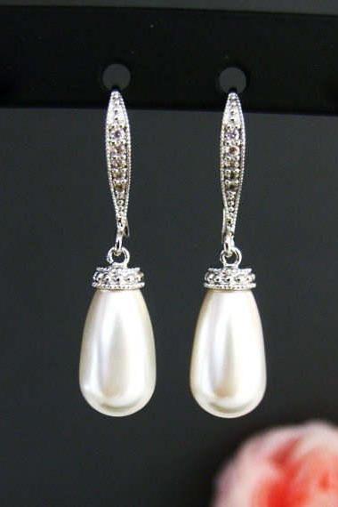 Bridal Pearl Earrings Teardrop Pearl Earrings Swarovski Pearl Earrings Bridesmaids Gift Wedding Jewelry Cubic Zirconia Earrings (E069)