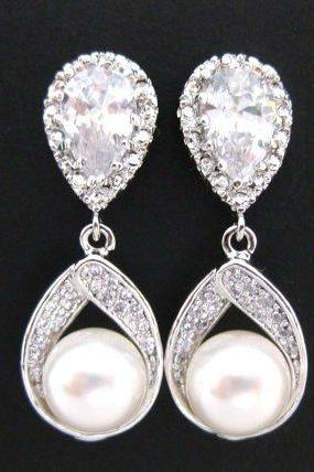 Bridal Pearl Earrings Wedding Jewelry Swarovski Round 8mm Pearl Teardrop Dangle Earrings Bridesmaid Gift Cubic Zirconia Earrings (E016)