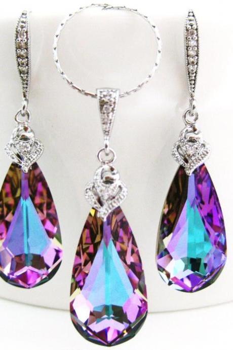 Vitrail Light Swarovski Crystal Teardrop Earrings &amp;amp; Necklace Gift Set Purple Earrings Pink Jewelry Wedding Jewelry Bridal Jewelry