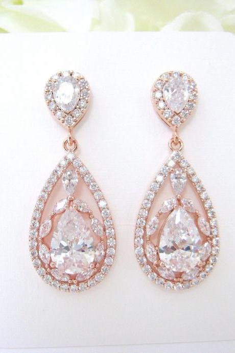 Crystal Bridal Earrings In Rose Gold, Clear Cubic Zirconia Teardrop Earrings, Wedding Jewelry Chandelier Earrings Bridesmaid Gift (e207)