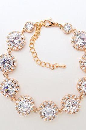 Rose Gold Bridal Bracelet Wedding Bracelet Crystal Clear Bracelet Cubic Zirconia Bracelet Round Bracelet Wedding Jewelry (B005)