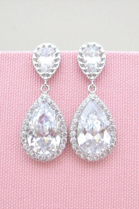 Bridal Earrings, Crystal Wedding Earrings, Clear Crystal Drop Earrings, Silver Zirconia Earrings, Teardrop Earrings, Bridesmaid Gift (E310)