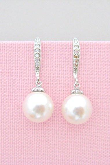 Pearl Bridal Earrings Swarovski 10mm Pearl Wedding Jewelry Bridesmaid Gift Mother of Bride Gift Bridal Party Gifts (E004)