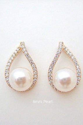 Rose Gold Stud Earrings Bridal Pearl Earrings Swarovski 8mm Pearl Cubic Zirconia Teardrop Earrings Wedding Jewelry Bridesmaids Gift (e105)