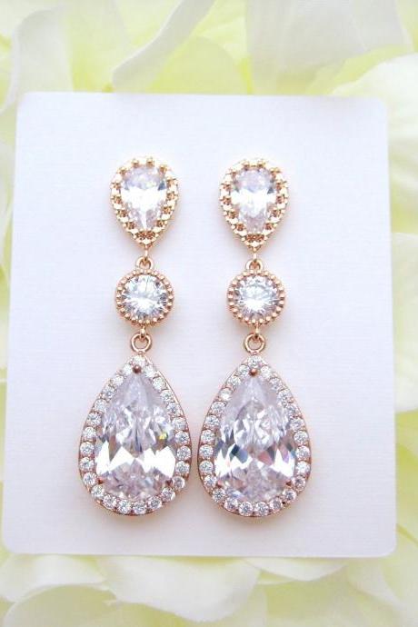 Rose Gold Wedding Earrings Bridal Clear Crystal Earrings Lux Cubic Zirconia Teardrop Earrings Bridesmaids Gift Long Bridal Earrings (E006)