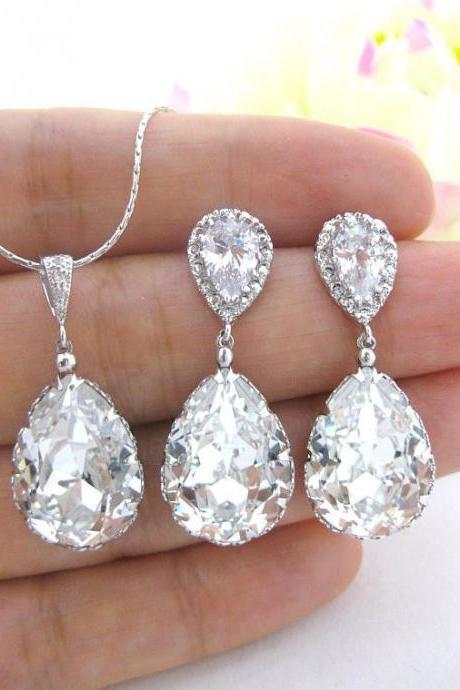 Bridal Crystal Earrings &amp;amp; Necklace Gift Set Swarovski Crystal Teardrop Wedding Jewelry Bridesmaids Gift Cubic Zirconia Jewelry