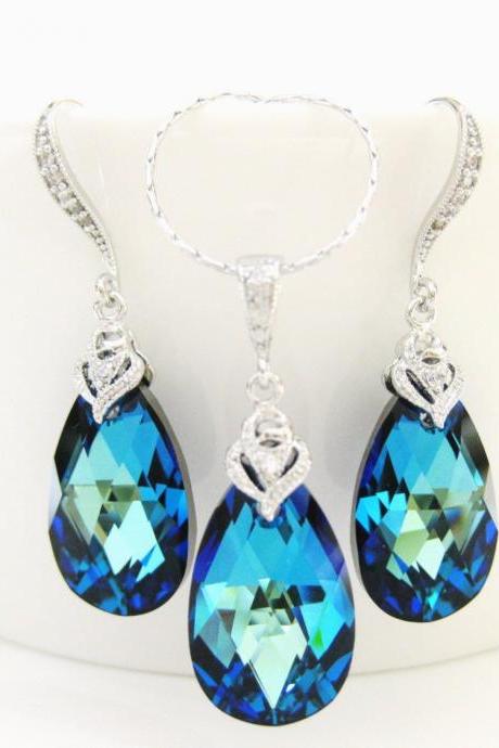 Bermuda Blue Teardrop Earrings &amp;amp; Necklace Gift Set Swarovski Crystal Wedding Jewelry Bridesmaid Gift Bridal Drop Earrings (ne043)