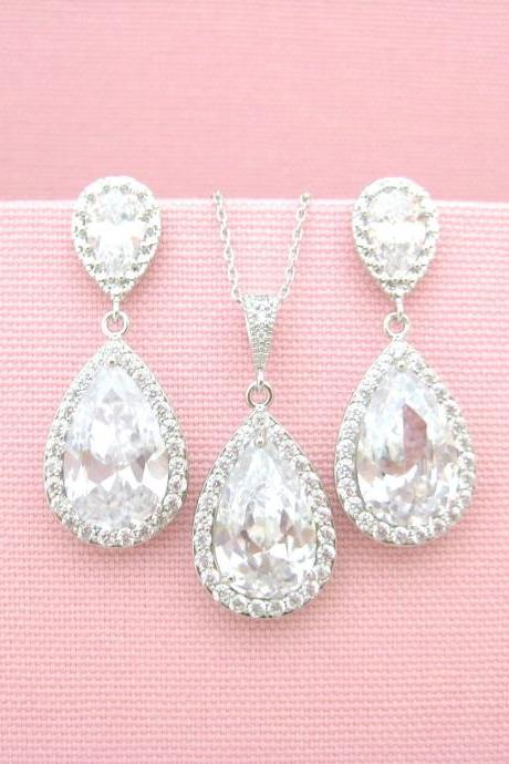 Bridal Crystal Earrings & Necklace Gift Set Cubic Zirconia Teardrop Earrings Wedding Jewelry Drop Dangle Earrings Bridesmaid Gift (NE039)