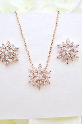 Rose Gold Snowflake Earrings & Necklace Gift Set Cubic Zirconia Snow Stud Earrings Wedding Jewelry Bridesmaids Gift Christmas Gift (E082)