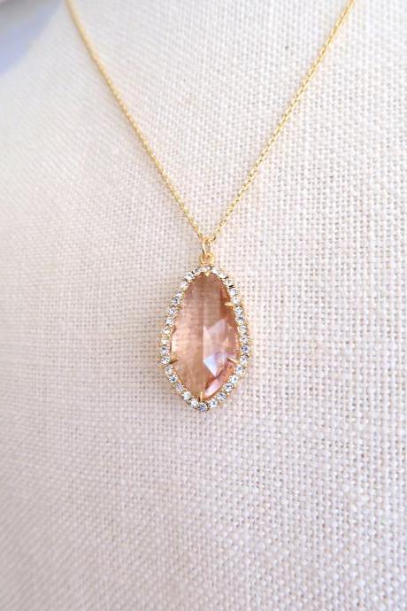 Champagne Peach Teardrop Necklace Crystal Charm Necklace Wedding Pendant Jewelry Bridal Necklace Bridesmaids Gift Birthday Gift (N013)