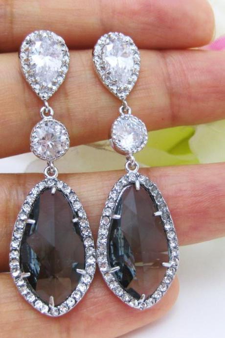 Dark Grey Bridal Earrings Charcoal Black Diamond Earrings Cubic Zirconia Teardrop Earrings Bridesmaid Gift Earrings (e055)