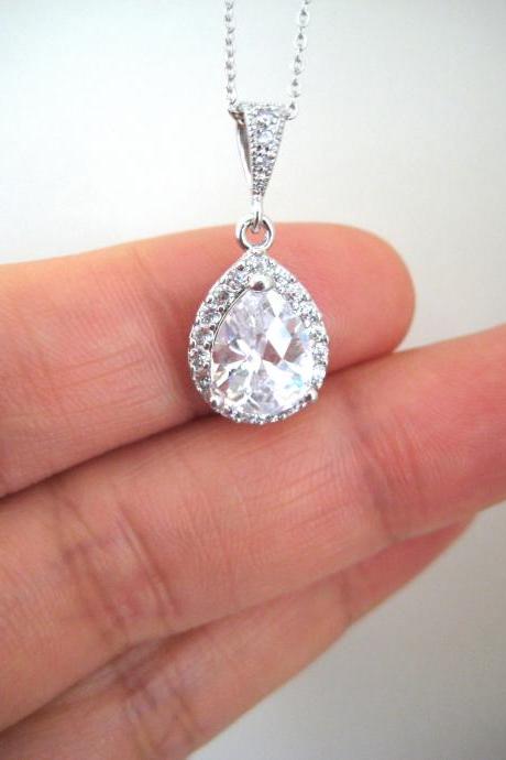 Bridal Crystal Necklace Wedding Jewelry Cubic Zirconia Teardrop Necklace Bridal Teardrop Necklac Bridesmaid Gift Sparky Necklace (E154)