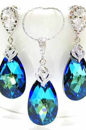 Bermuda Blue Teardrop Earrings &amp;amp; Necklace Gift Set Swarovski Crystal Jewelry Wedding Jewelry Bridesmaid Gift Bridal Earrings (ne046)