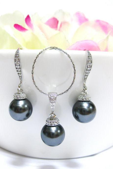 Bridal Pearl Earrings Dark Grey Charcoal Jewelry Swarovski 10mm Pearl Wedding Jewelry Bridesmaid Gift Black Earrings (E005)