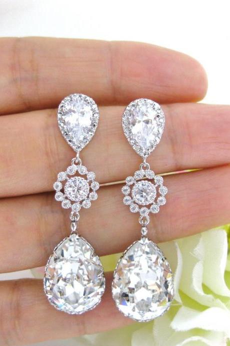 Bridal Crystal Earrings Swarovski Clear Crystals Wedding Jewelry Bridesmaid Gift Teardrop Earrings Long Bridal Earrings (e112)