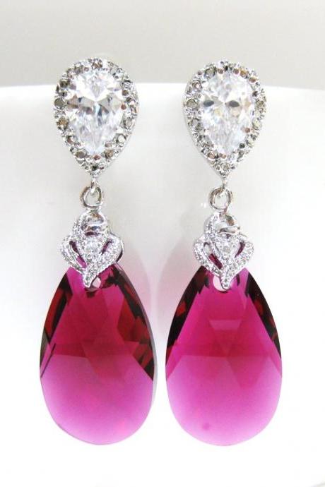 Bridal Ruby Earrings Swarovski Fuchsia Teardrop Earrings Hot Pink Earrings Cubic Zirconia Earrings Wedding Jewelry Bridesmaids Gift (E038)