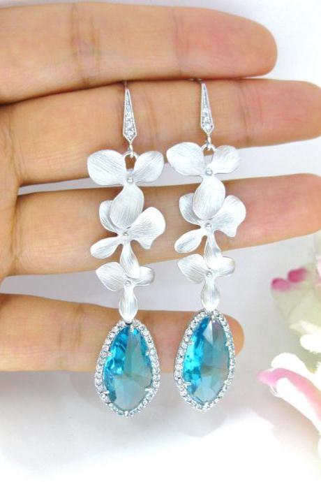 Light Blue Crystal Earrings, Teal Blue Chandelier Earrings, Bridal Long Dangle Earrings, Wedding Jewelry Silver Flower Earrings (E161)