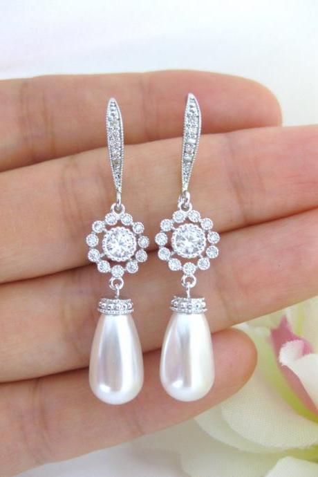 Bridal Pearl Earrings Teardrop Pearl Earrings Swarovski Teardrop Pearl Wedding Jewelry Bridesmaid Gift Long Bridal Earrings (e115)