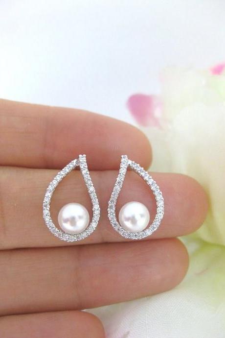 Bridal Pearl Earrings Wedding Teardrop Earrings Cubic Zirconia Stud Earrings Swarovski 6mm Pearl Stud Earrings Bridesmaids Gift (E105)