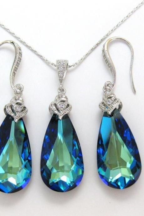 Bermuda Blue Earrings & Necklace Gift Set Swarovski Crystal Teardrop Bridesmaid Gift Bridal Earrings Wedding Jewelry Blue Jewelry (NE001)