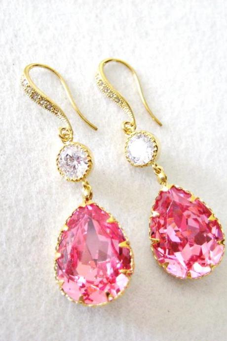 Ruby Pink Earrings Swarovski Crystal Teardrop Hot Pink Earrings Long Dangle Crystal Wedding Earring Bridesmaid Gift Valentine's Day (E314)