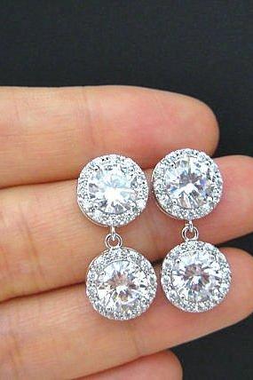 Bridal Cubic Zirconia Earrings 12mm Halo Style Earrings Bridesmaids Gift Wedding Jewelry Vintage Style Button Earrings Clear Crystal (e304)