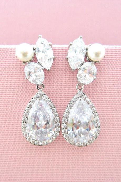 Bridal Crystal Earrings Cubic Zirconia Teardrop Wedding Earrings Swarovski Pearl Earrings Rhinestone Earrings Bridesmaids Gift (e312)