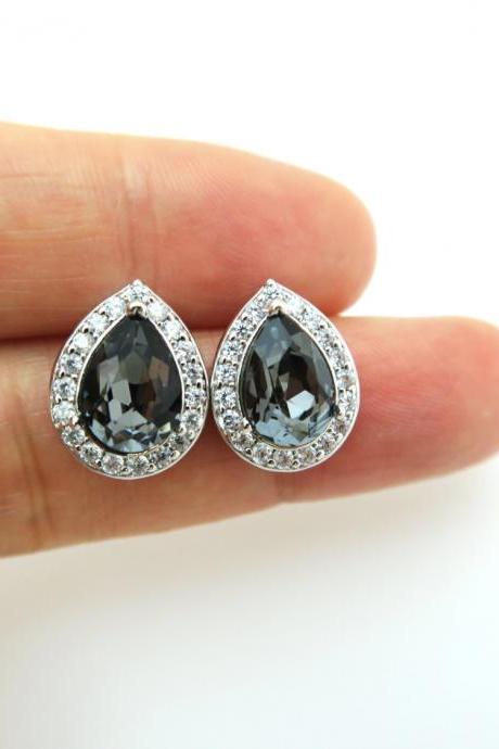 Silver Night Black Earrings Swarovski Crystal Teardrop Stud Earrings Wedding Jewelry Bridesmaid Gift Black Earrings (E303)