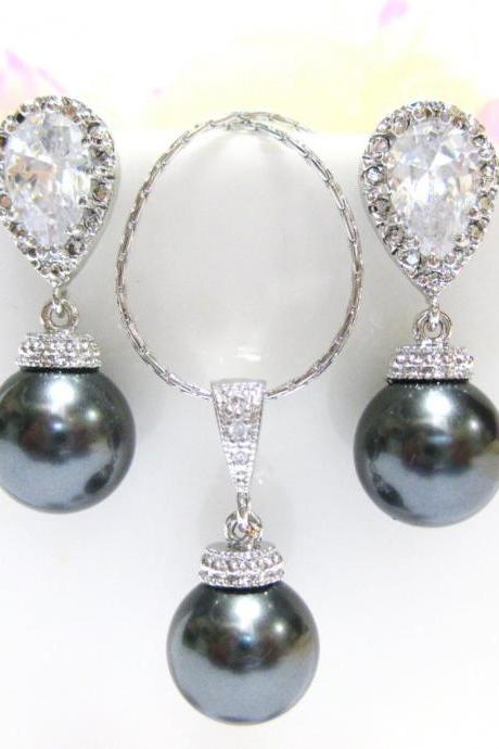 Charcoal Pearl Earrings Swarovski Dark Grey Round Pearl Bridal Drop Jewelry Charcoal Earrings Wedding Jewelry Bridesmaid Gift (E014)