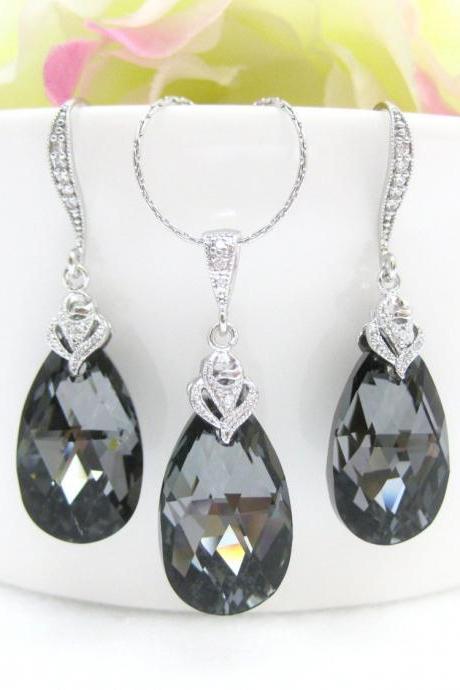 Bridal Crystal Jewelry, Silver Night Black Earrings & Necklace Set, Swarovski Crystal Teardrop, Wedding Jewelry, Bridesmaids Gift (NE002)