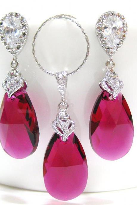 Ruby Crystal Earrings &amp;amp;amp; Necklace Gift Set Swarovski Fuchsia Teardrop Hot Pink Earrings Wedding Jewelry Bridal Jewelry Red