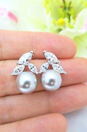 Light Grey Pearl Earrings Bridal Pearl Stud Earrings Wedding Jewelry Bridesmaids Gift Cubic Zirconia Earrings Swarovski 10mm Pearl (e200)