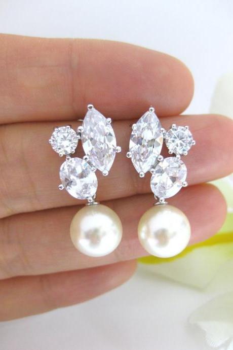 Cubic Zirconia Earrings Swarovski Round 10mm Pearl Earrings Wedding Jewelry Bridesmaid Gift Bridal Earrings Gift For Her (e007)